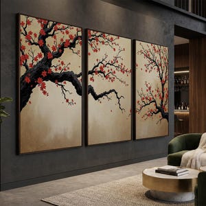 Japanese Cherry Blossom Wall Art, Sakura Tree Triptych, Asian Ink Painting, Zen Home Decor, Floral Canvas Print, Oriental Minimalist Art image 18