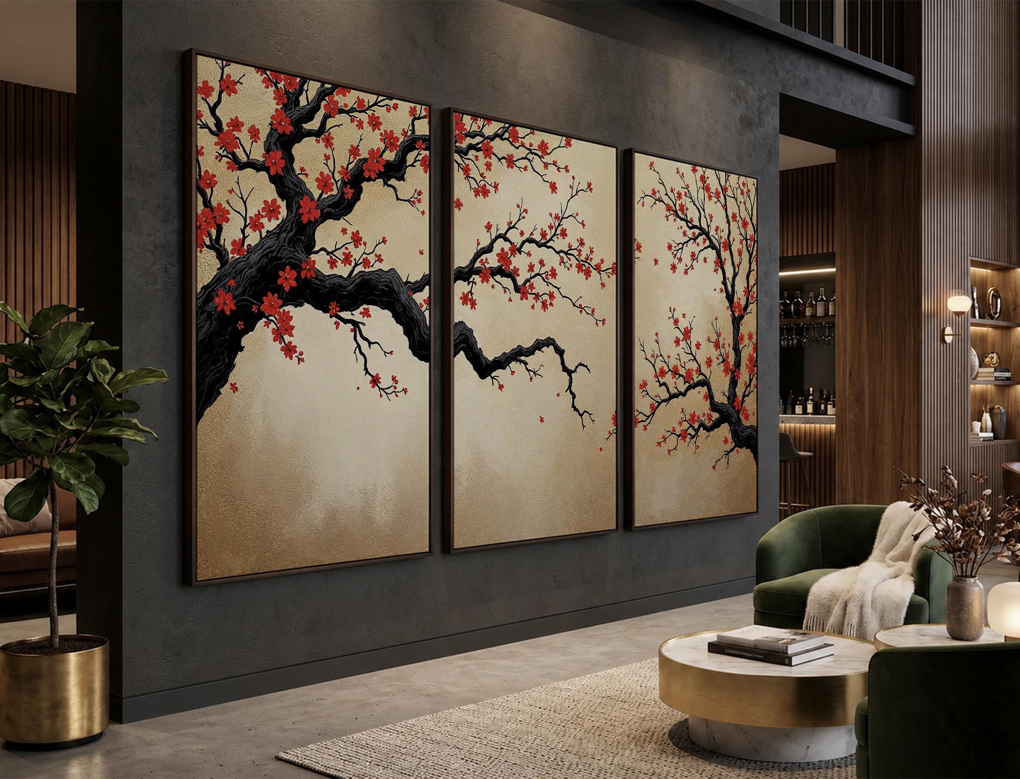 Japanese Cherry Blossom Wall Art, Sakura Tree Triptych, Asian Ink