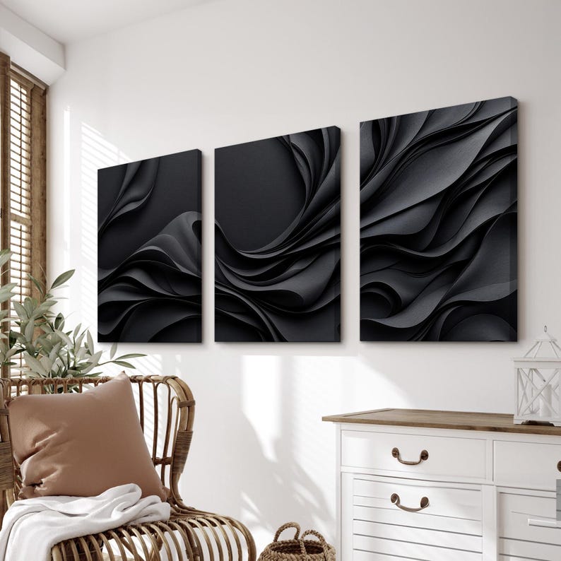 Black Abstract Wave Wall Art Set of 3 | Luxury Monochrome Canvas Prints ...