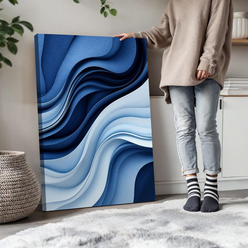 Abstract Ocean Wave Wall Art Set of 3 | Navy Blue White Canvas Prints ...