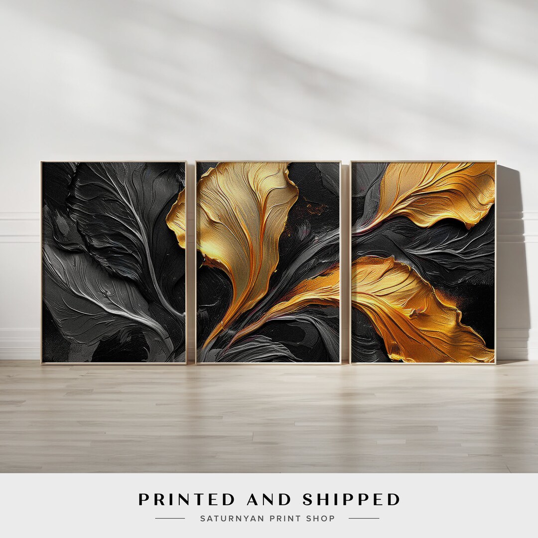 Set of 3 Black and Gold Plant Leaf Paintings Elegant Wall Art for ...