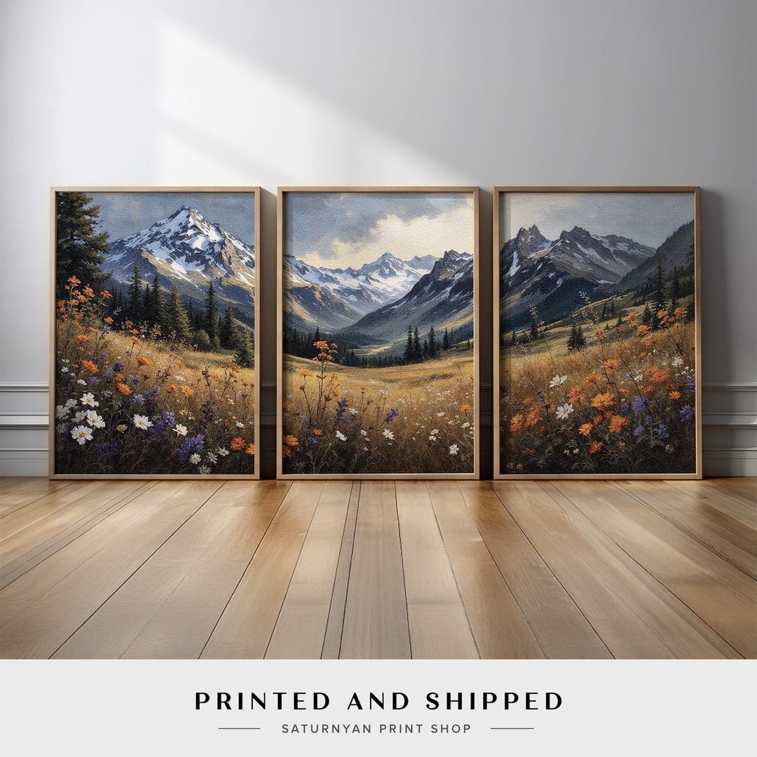 Mountain Landscape Wall Art Set of 3 | Snow-capped Peaks and Wildflower ...