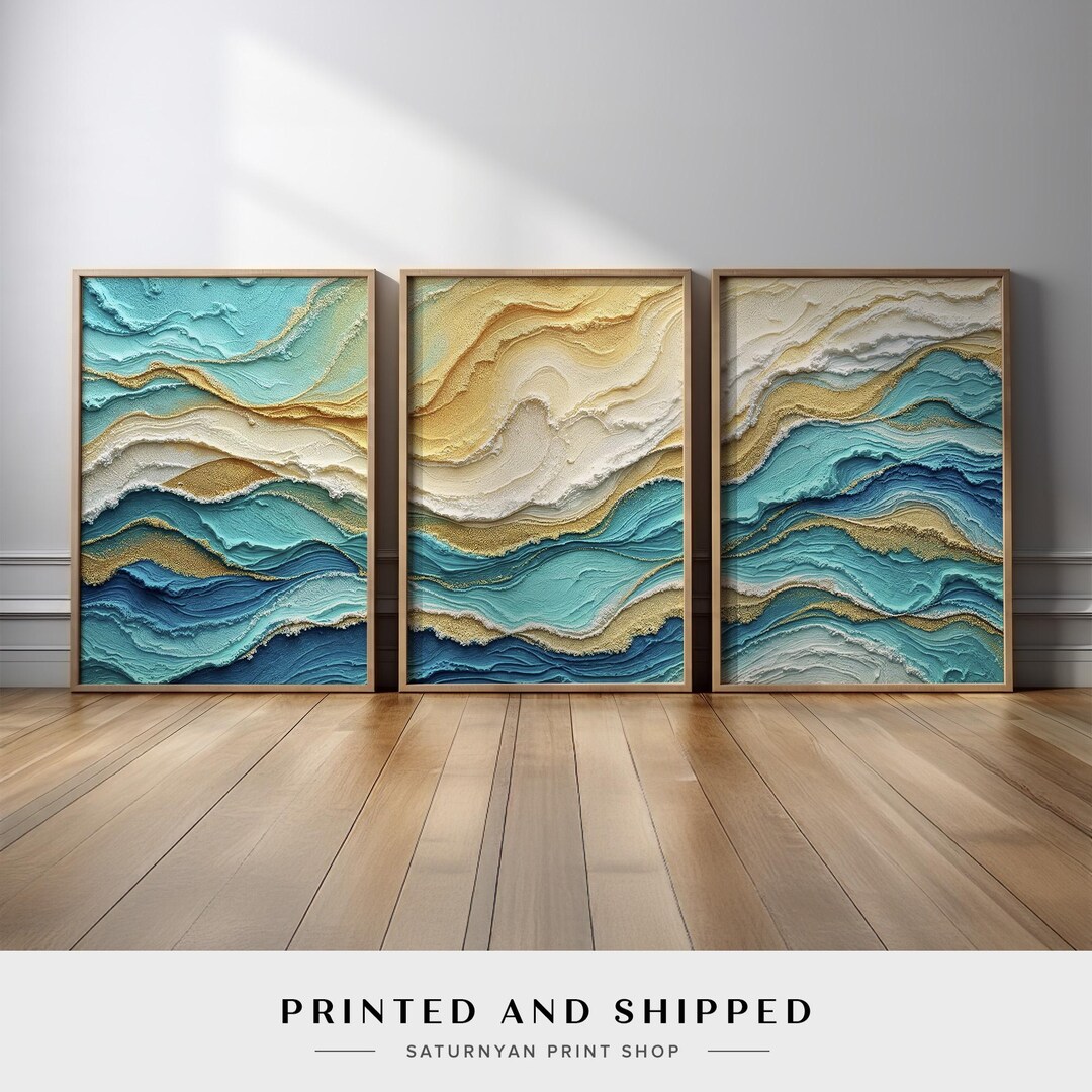 Ocean Waves Abstract Wall Art | Beach Blue and Gold Coastal Triptych ...