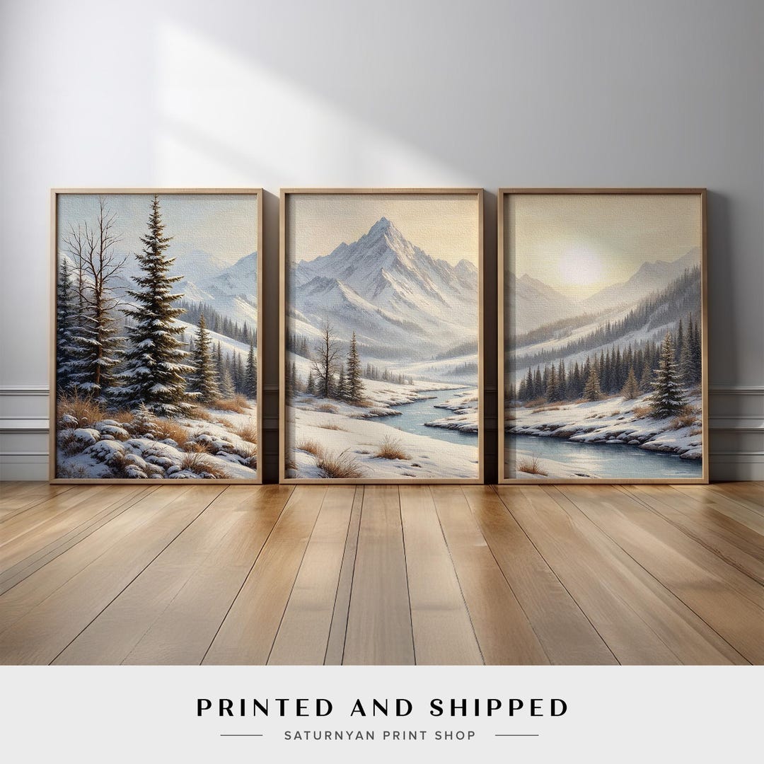 Winter Mountain Wall Art Set of 3 | Snowy Forest River Landscape ...