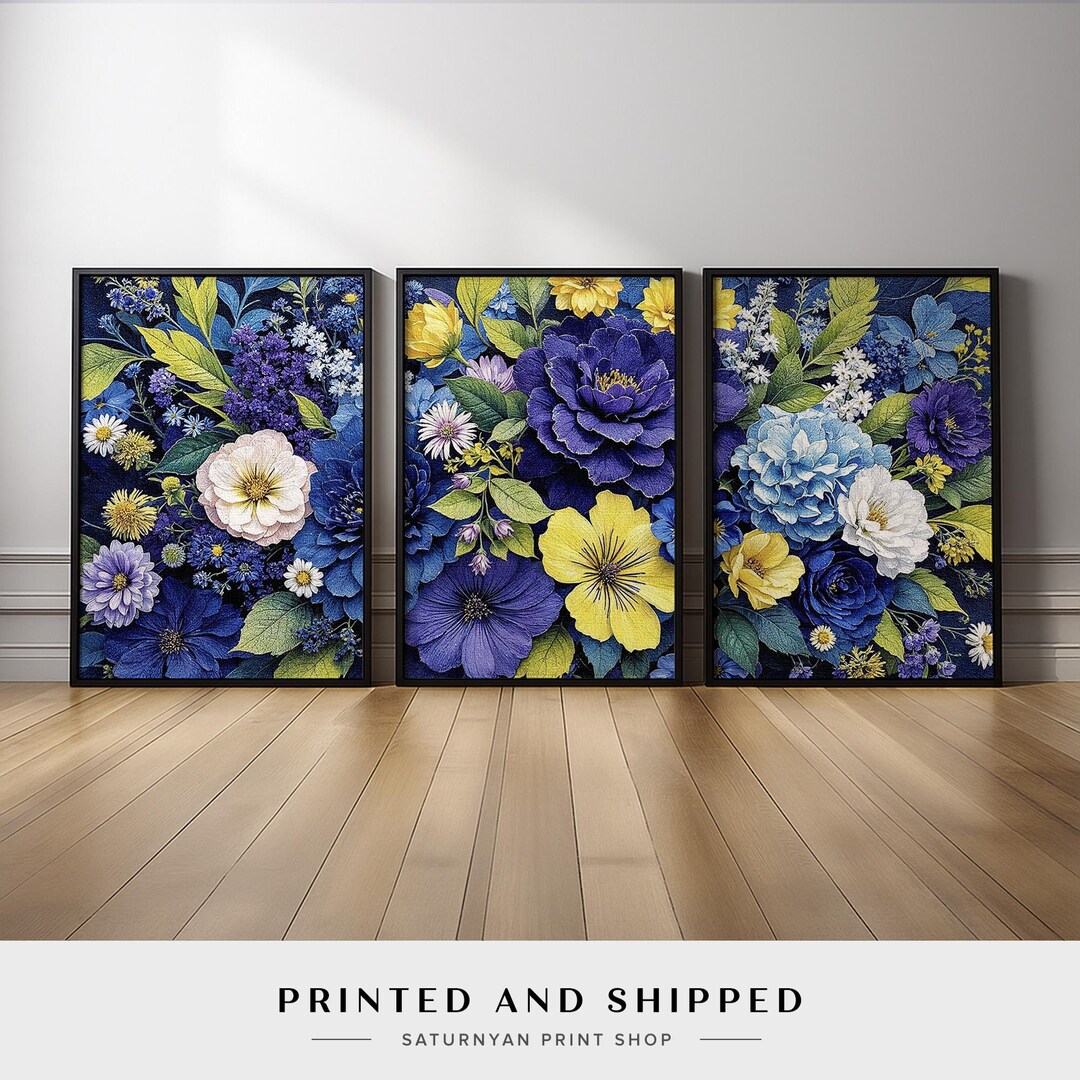 Vibrant Blue and Yellow Flower Wall Art | Set of 3 Bold Floral ...