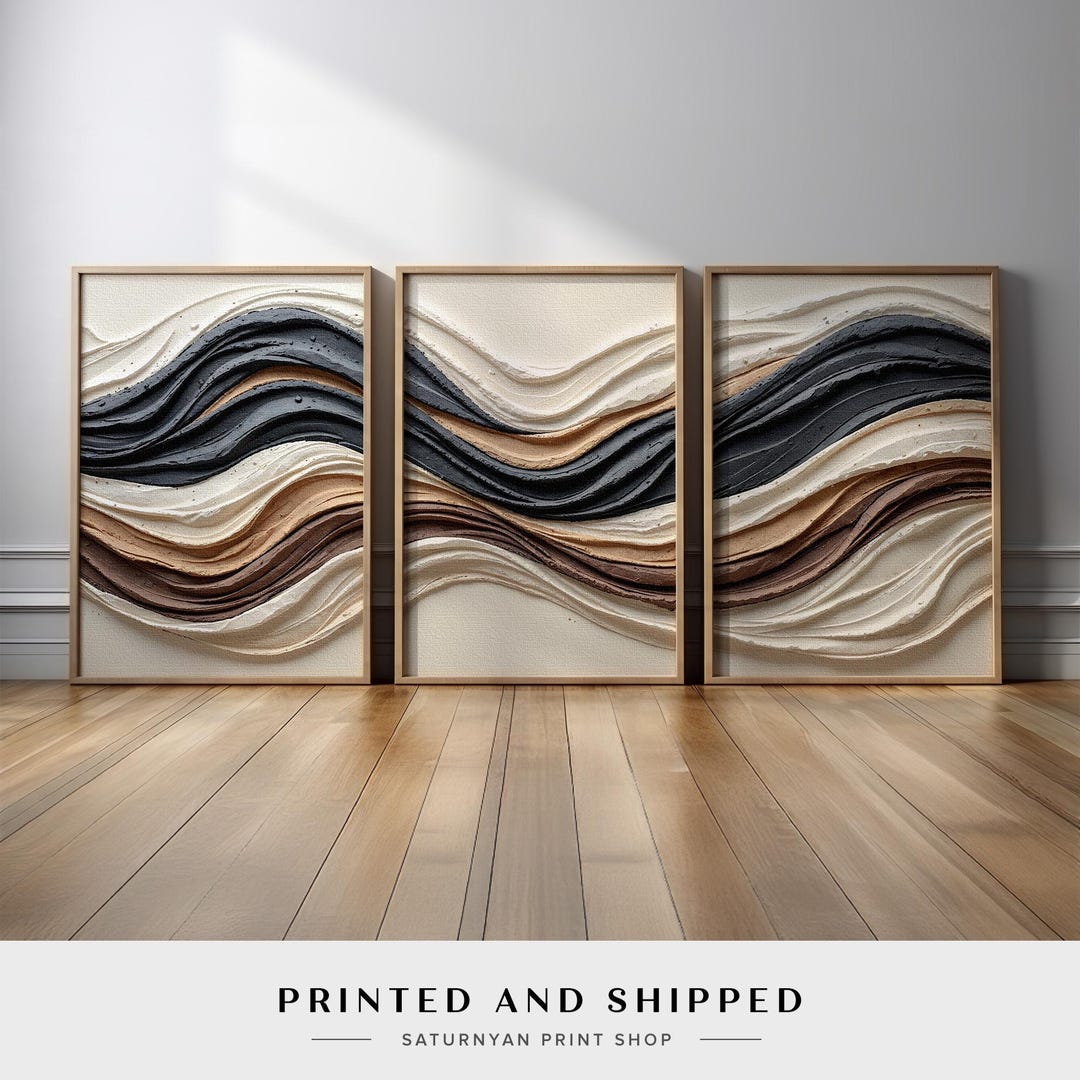 Neutral Sand Wave Abstract Wall Art Set of 3 | Black Beige Brown Canvas ...