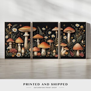 Enchanting Mushroom Wall Art Set, Woodland Botanical Prints, Set of 3 Nature-Inspired Artwork for Rustic or Modern Home Decor