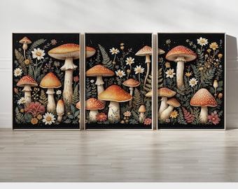 Enchanting Mushroom Wall Art Set, Woodland Botanical Prints, Set of 3 Nature-Inspired Artwork for Rustic or Modern Home Decor