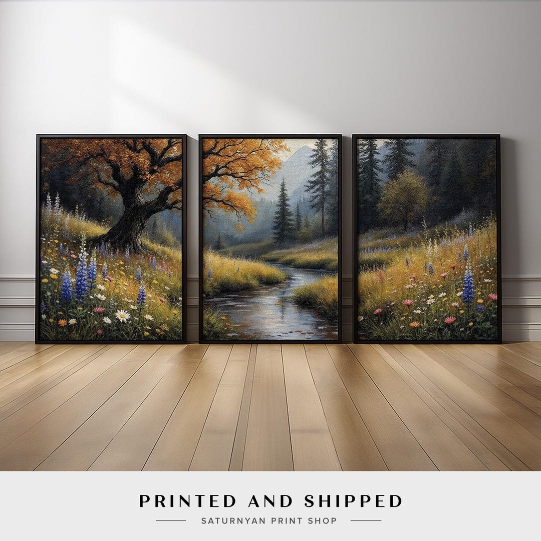 Autumn Landscape Wall Art Triptych | River and Wildflower Meadow Canvas ...