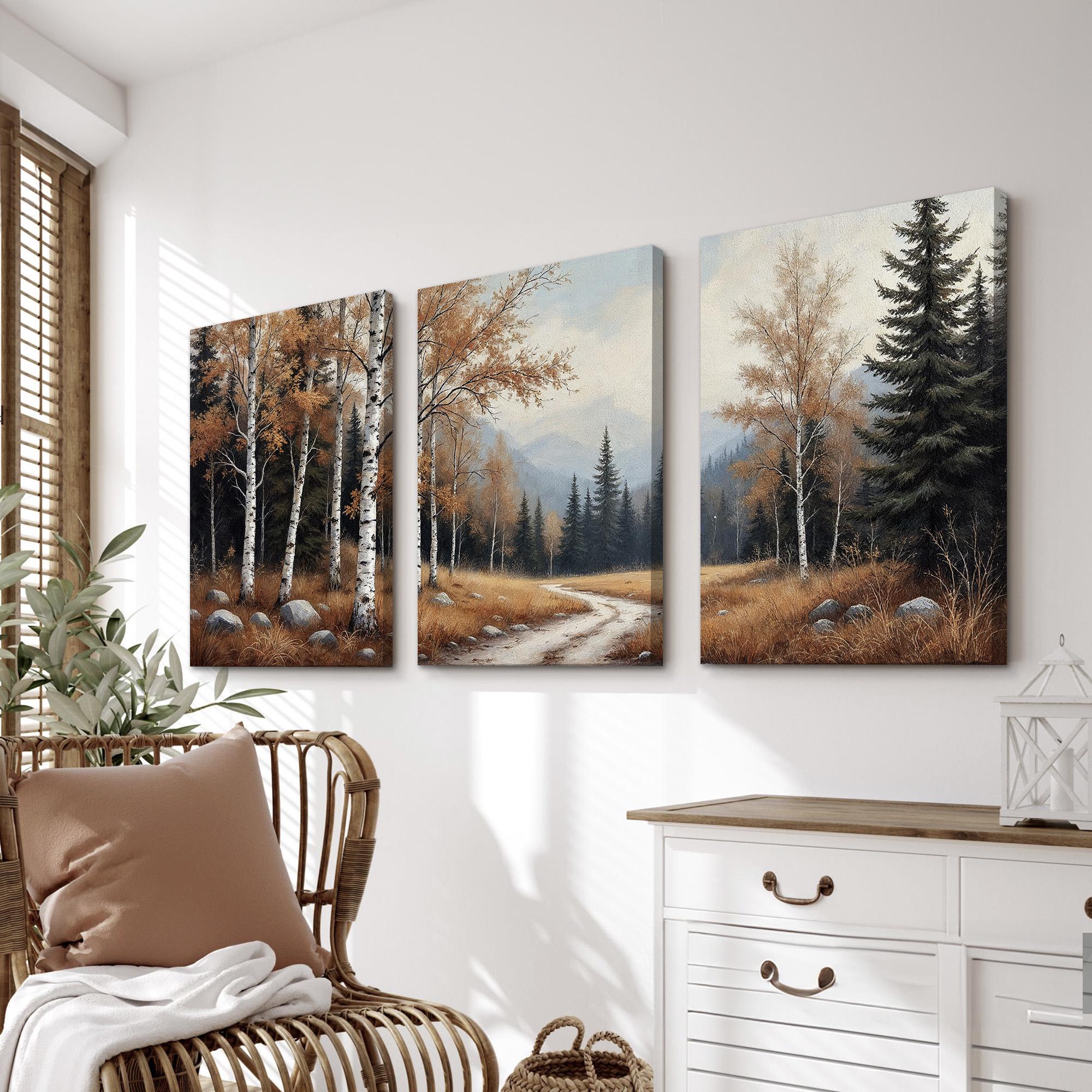 Rustic Autumn Forest Wall Art Triptych | Birch and Pine Tree Landscape ...