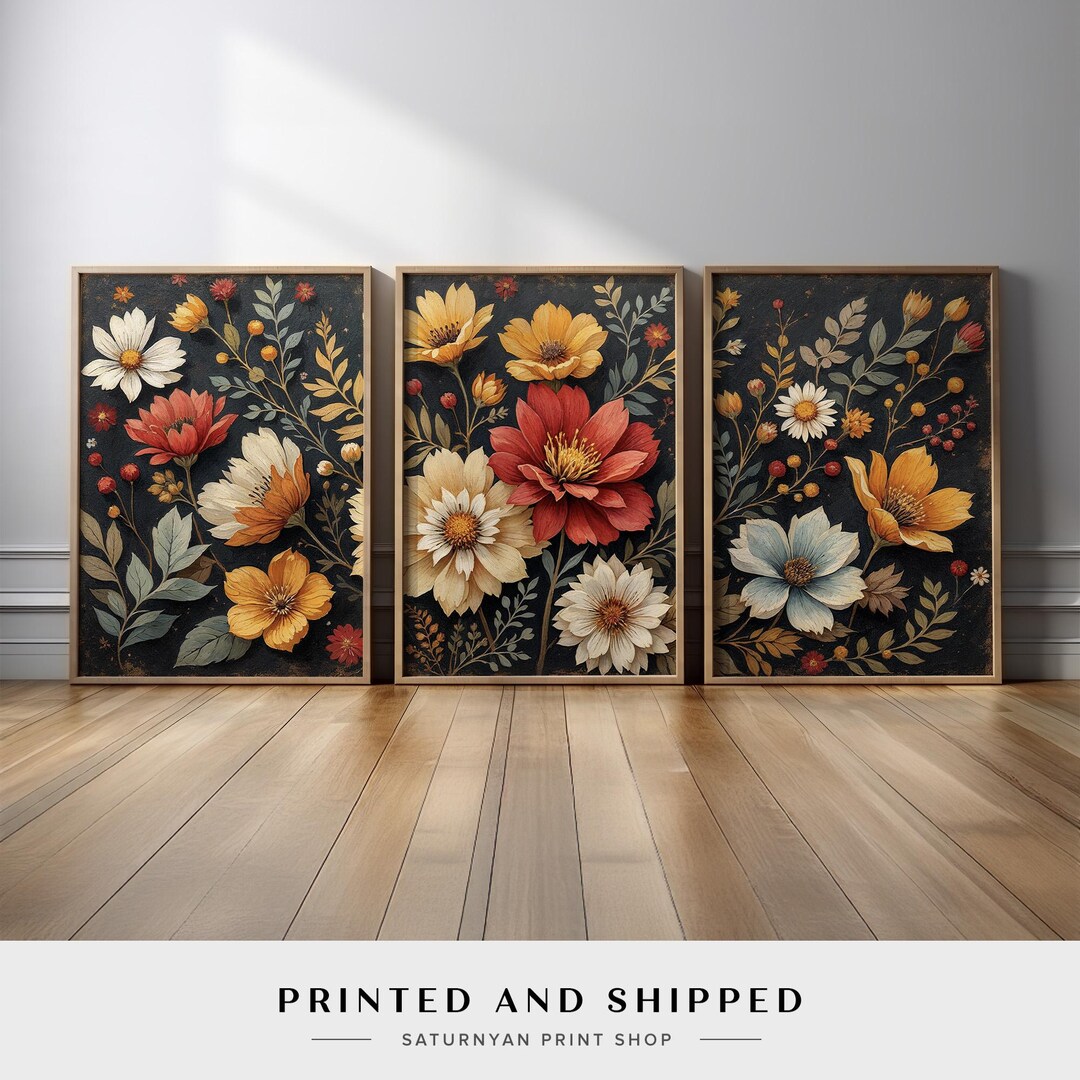 Rustic Botanical Flower Wall Art Set | Warm Vintage Triptych With Red ...