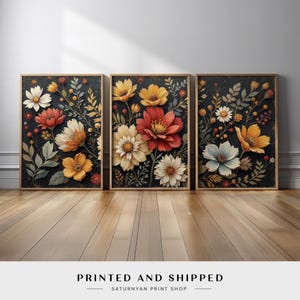Rustic Botanical Flower Wall Art Set | Warm Vintage Triptych with Red and Yellow Blooms | Dark Floral Prints for Traditional or Farmhouse
