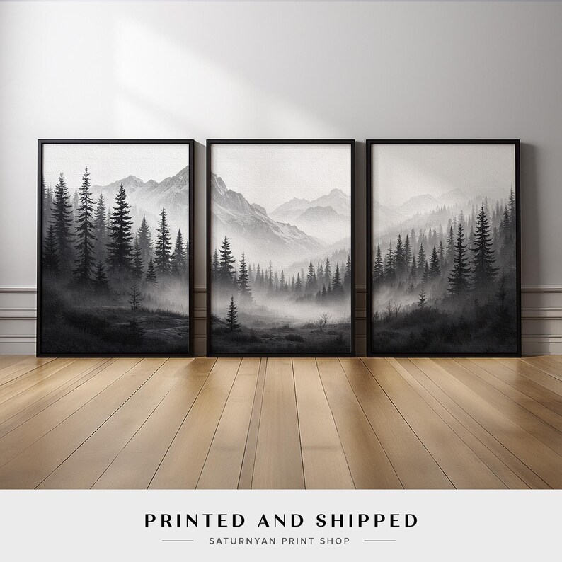 Monochrome Landscape Triptych | Misty Pine Tree and Mountain Wall Art ...