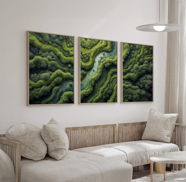 Lush Green Forest Wall Art Set | Aerial River Landscape Canvas Triptych ...