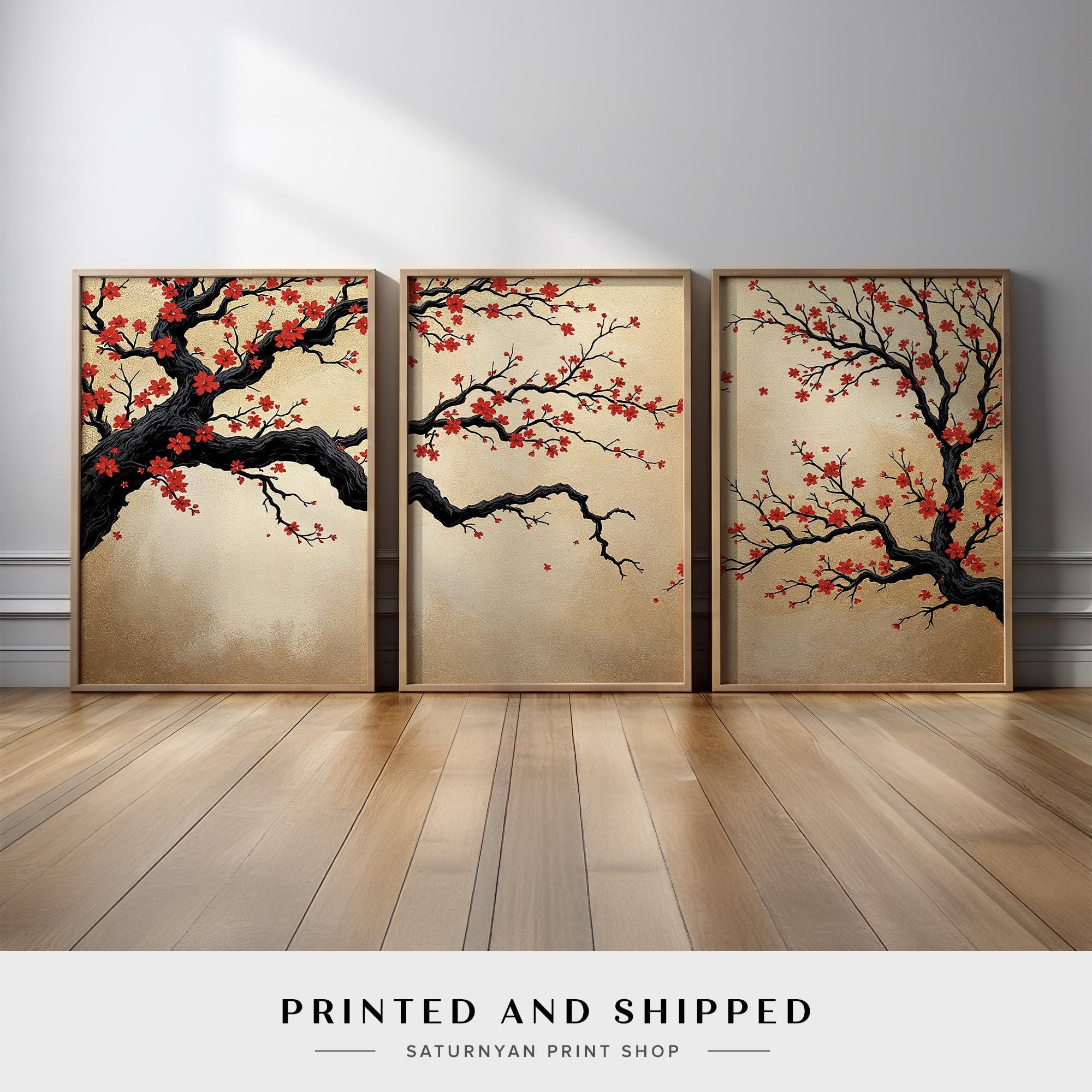 枝アート Japanese Cherry Blossom Wall Art, Sakura Tree Triptych, Asian Ink