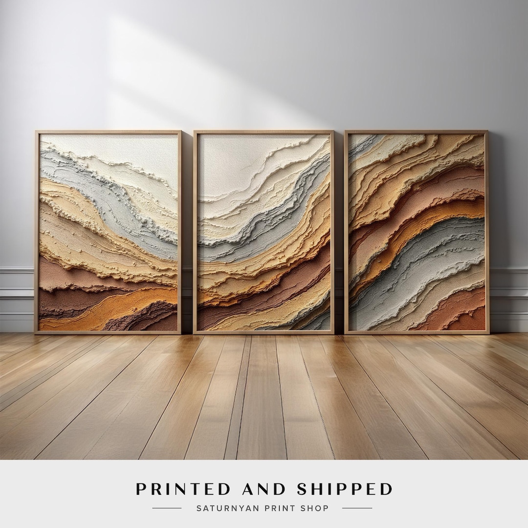 Neutral Earth Tone Abstract Wall Art Set of 3 | Terracotta, Beige, Gray