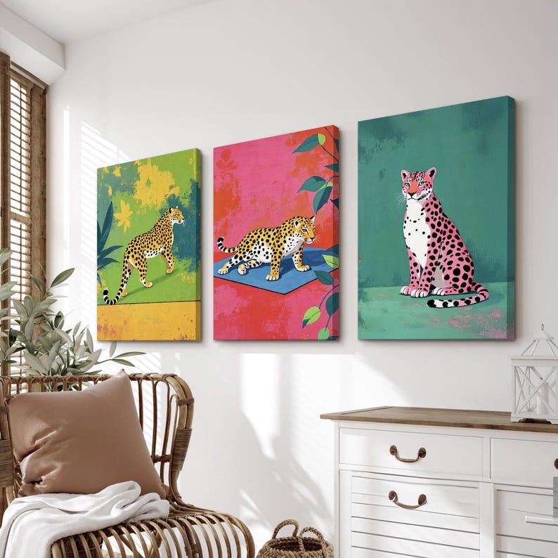 Set of 3 Vibrant Leopard Wall Art | Bold and Colorful Jungle-Inspired Canvas Prints with Playful Pink and Green Tones for Modern Home Decor image 4