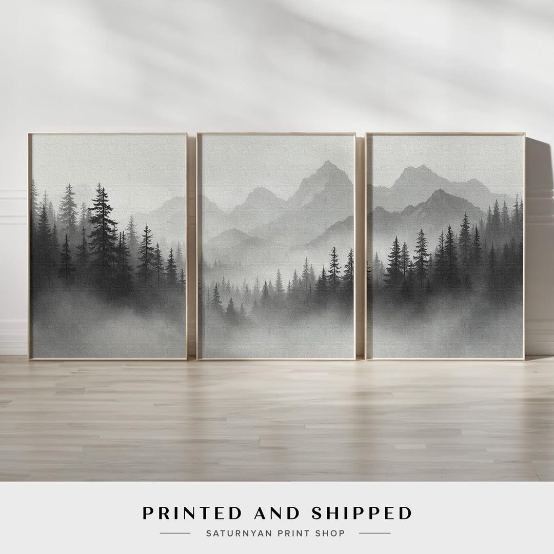 Misty Forest Wall Art Set of 3 | Black and White Mountain Landscape ...
