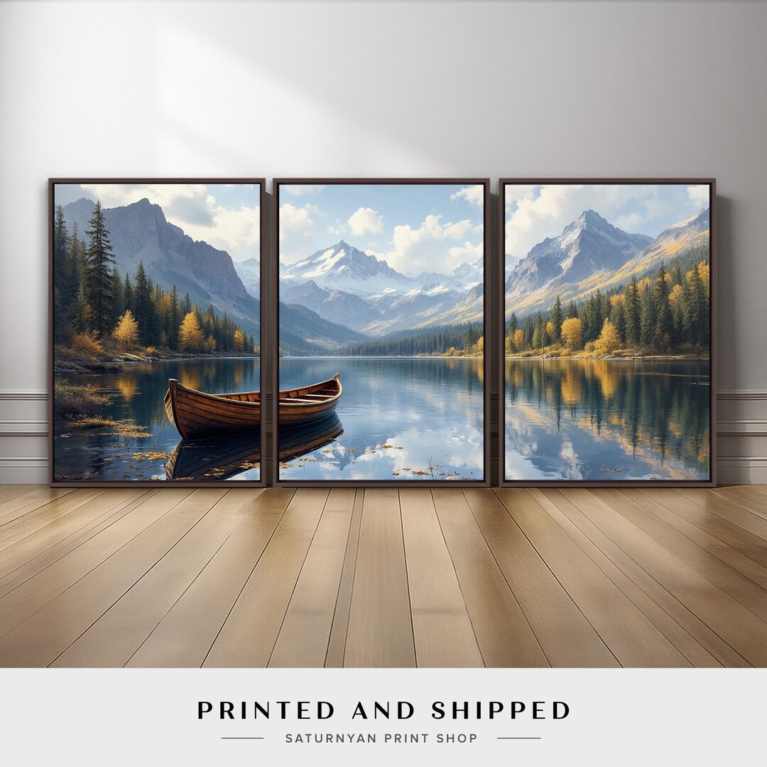 Nature Mountain Wall Art Set of 3 | Wooden Boat Alpine Landscape Canvas ...