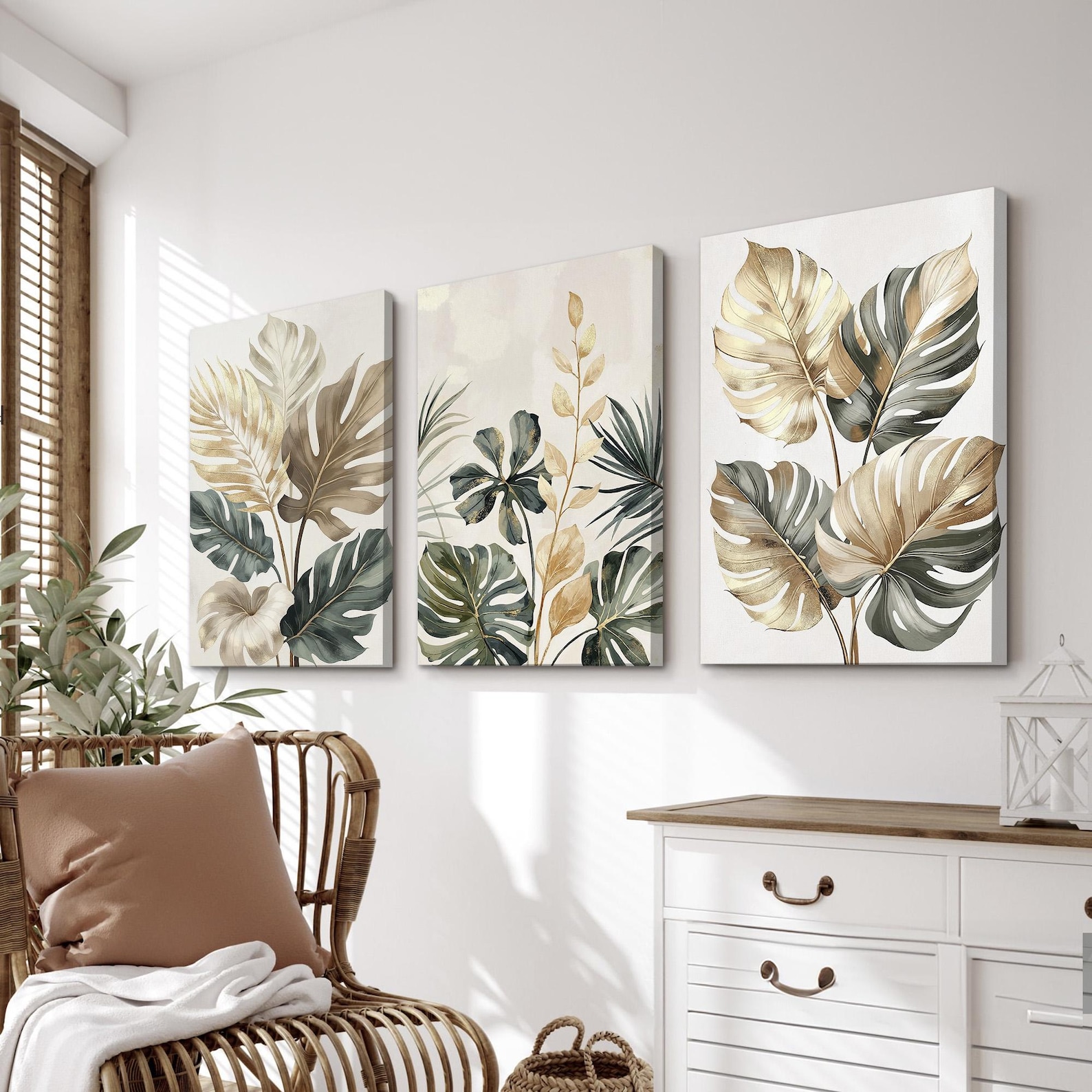 Set of 3 Botanical Leaf Wall Art Canvas Prints | Elegant Monstera, Palm ...