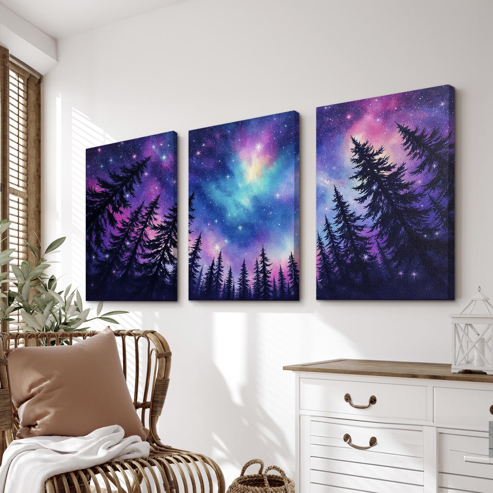 Starry Night Sky Wall Art Set of 3 | Cosmic Forest Triptych With Purple ...