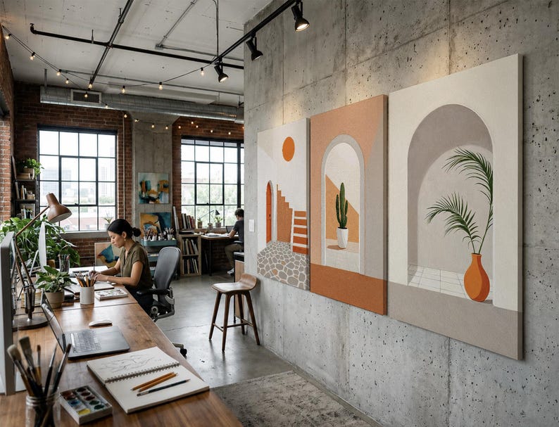 May include: Three rectangular wall art panels featuring architectural illustrations. The first shows a sun, stairs, and stone path. The second depicts a cactus in an archway. The third displays a potted palm plant within a beige arched alcove.