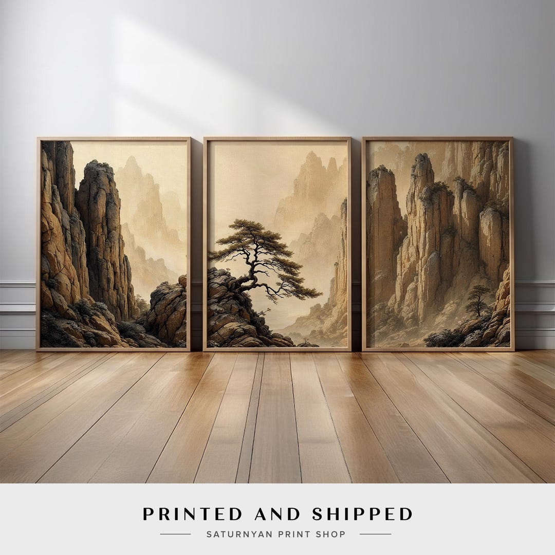 Asian Inspired Mountain Landscape Wall Art | Vintage Ink Wash Triptych ...