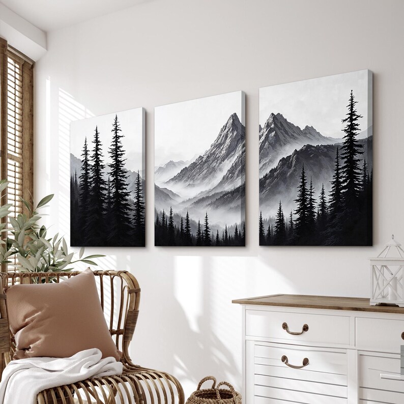 Black and White Mountain Wall Art Set of 3 | Misty Pine Tree Landscape ...