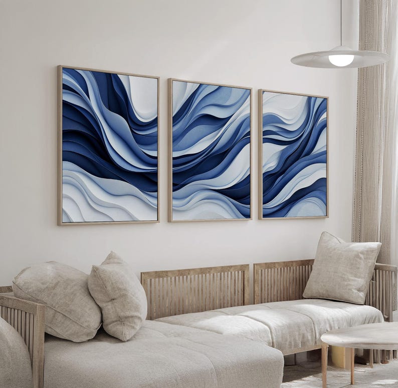 Blue Abstract Wave Wall Art Set of 3 | Navy Cobalt White Fluid Canvas ...