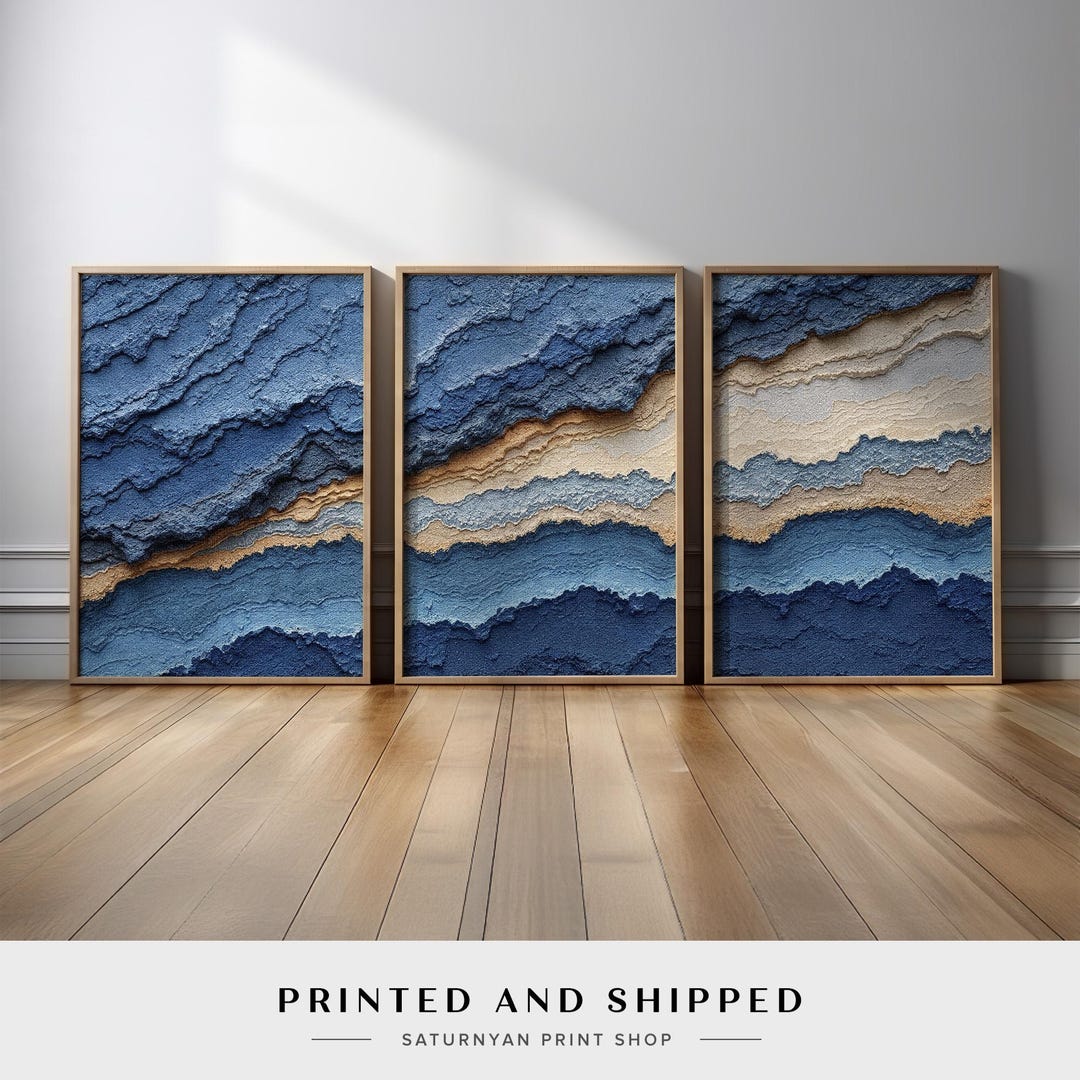 Ocean Blue Inspired Abstract Wall Art Set of 3 | Navy Coastal Sand ...