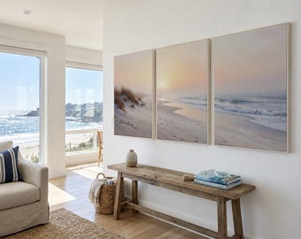 Serene Beach Sunrise Wall Art Set of 3 | Coastal Canvas Prints | Minimalist Triptych Decor for Modern Living Room or Bedroom