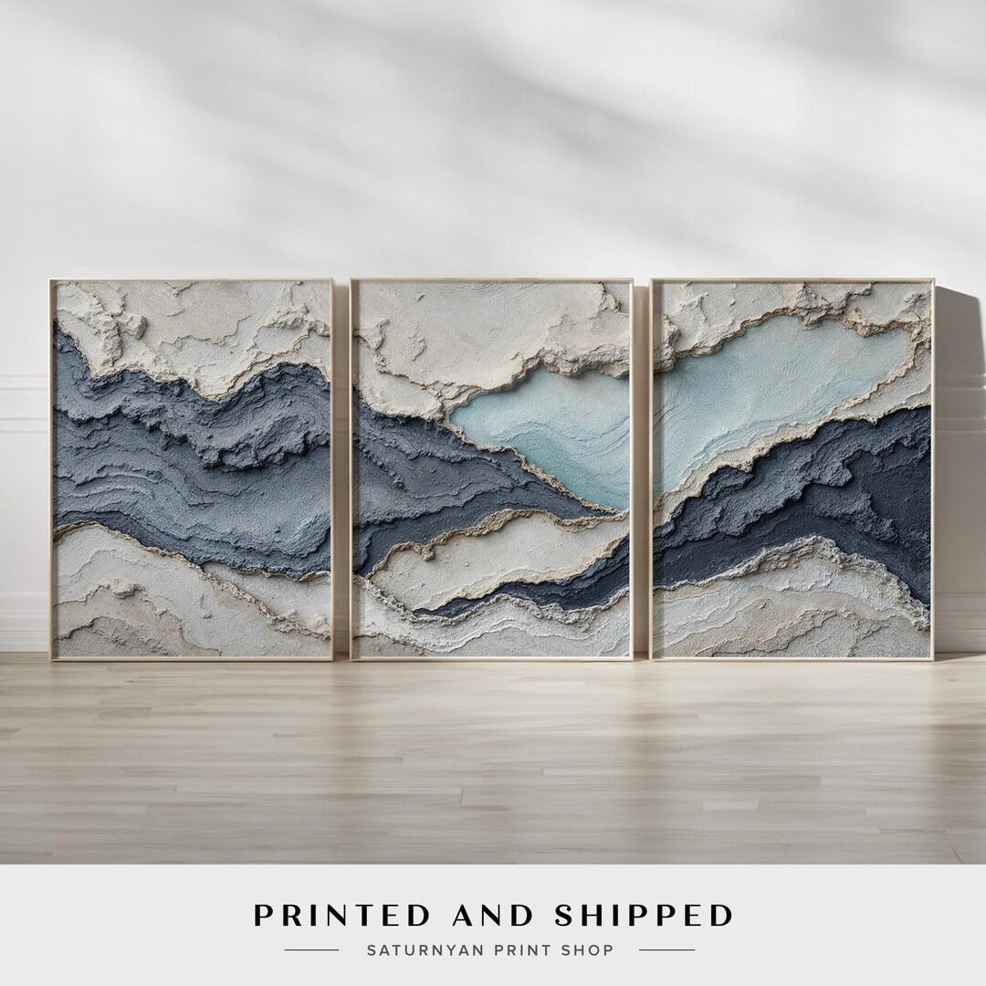 Abstract Ocean Wave Wall Art | Set of 3 Neutral Tone Prints in Blue ...