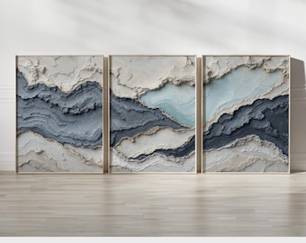Abstract Ocean Wave Wall Art | Set of 3 Neutral Tone Prints in Blue, Gray, and Beige for Coastal and Modern Home Decor Canvas Prints