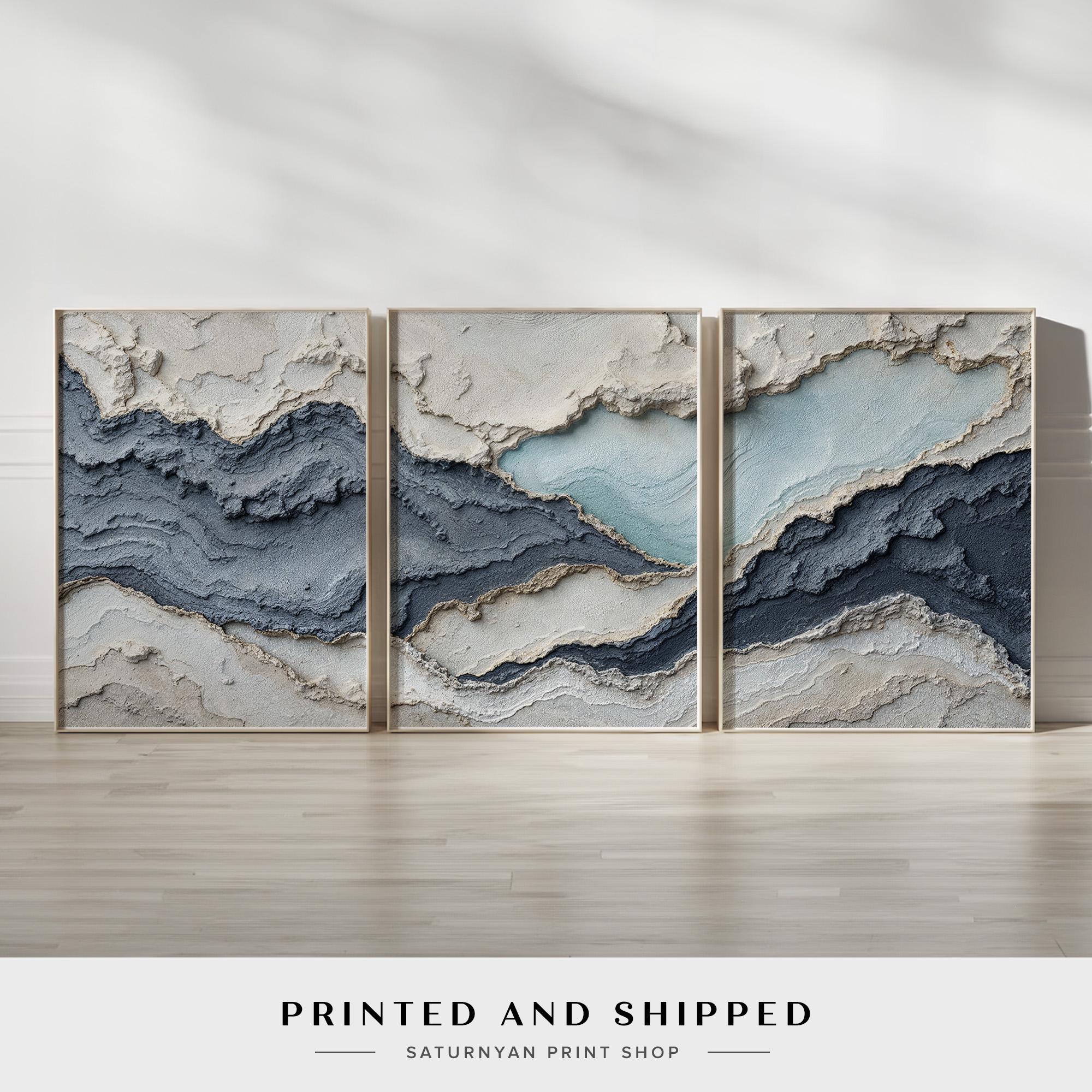 Abstract Ocean Wave Wall Art | Set of 3 Neutral Tone Prints in Blue, Gray, and Beige for Coastal and Modern Home Decor Canvas Prints