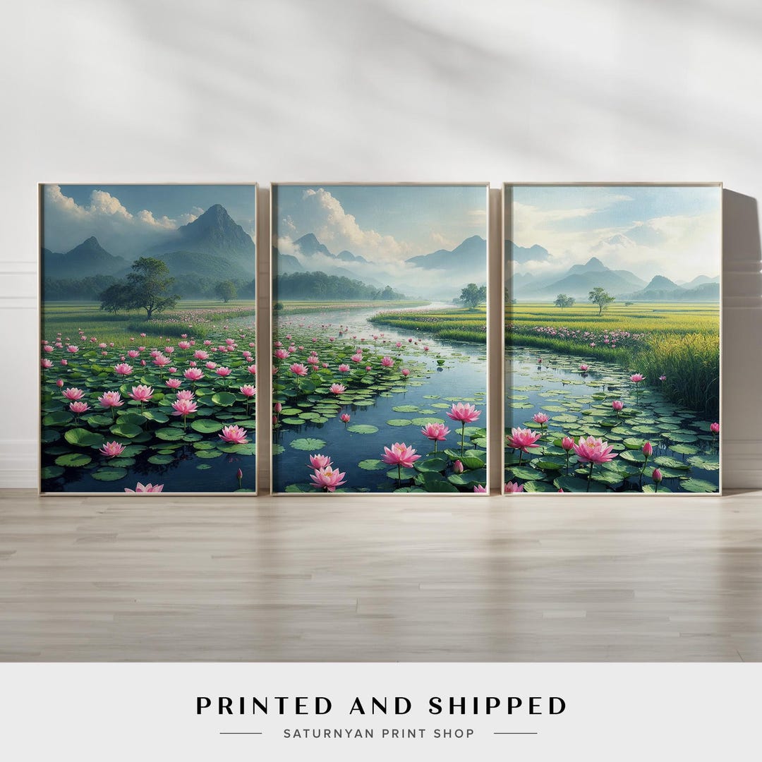 Lotus Pond Wall Art Set of 3 | Tranquil Water Lily Canvas Prints With ...