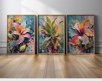Colorful Hibiscus, Lily & Dracaena Wall Art | Set of 3 Botanical Paintings | Tropical Floral Canvas Prints | Nature-Inspired Home Decor