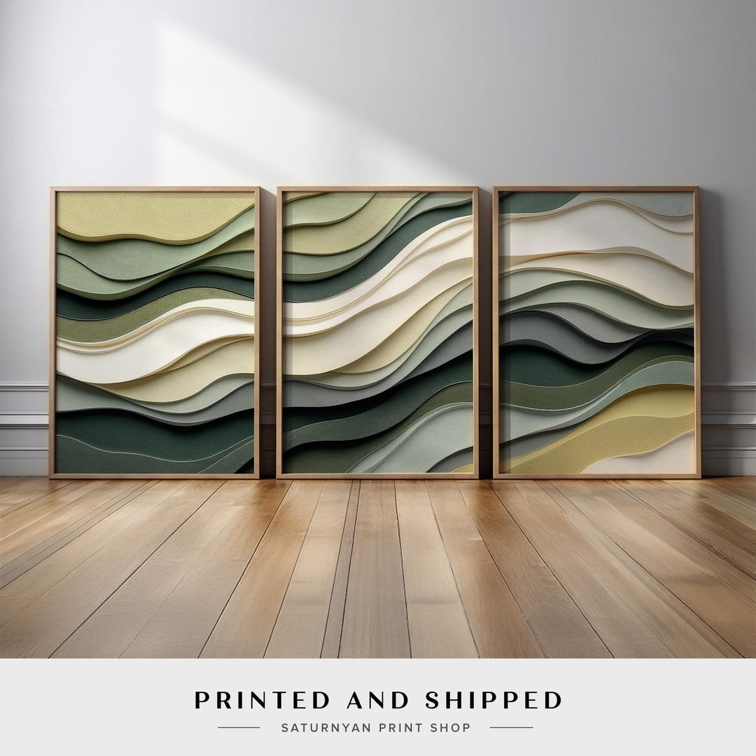 Neutral Sage Green Abstract Canvas Set | Flowing Wave Triptych Wall Art ...