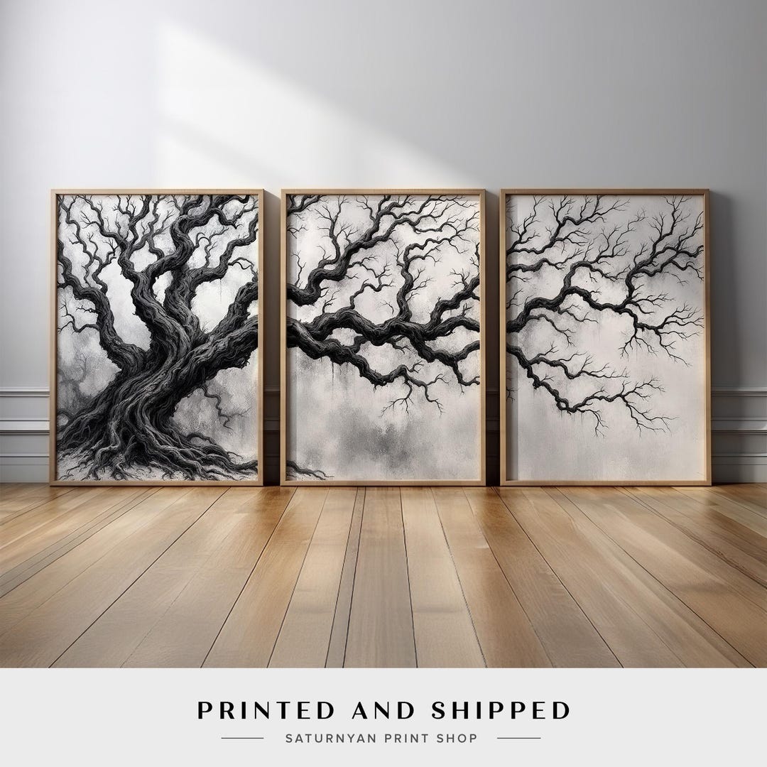 Black and White Tree Wall Art Set of 3 | Twisted Branch Ink Sketch ...