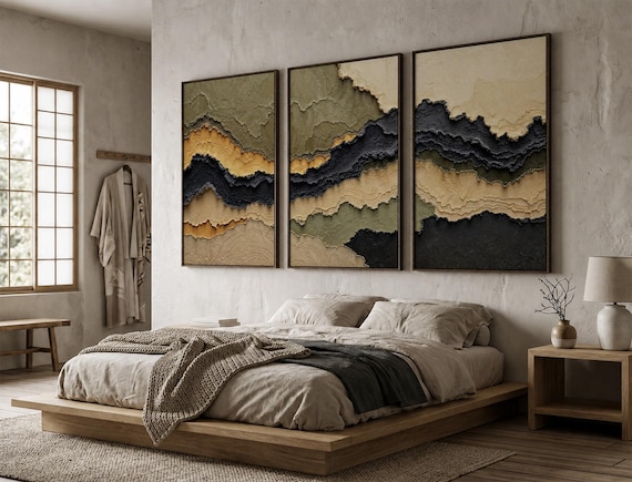 レア/SKOLOCT/CANVAS/ART/3 Set of 3 Olive Green, Mustard, and Charcoal Abstract Wall Art
