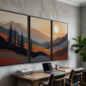 Mountain Sunset Triptych Wall Art Set | Earthy Tones and Pine Tree Landscape Canvas Prints | Warm Minimalist Nature Decor for Living Room