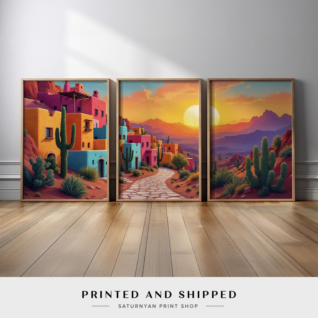 Southwestern Wall Decor | Set of 3 Desert Landscape With Cactus Canvas ...