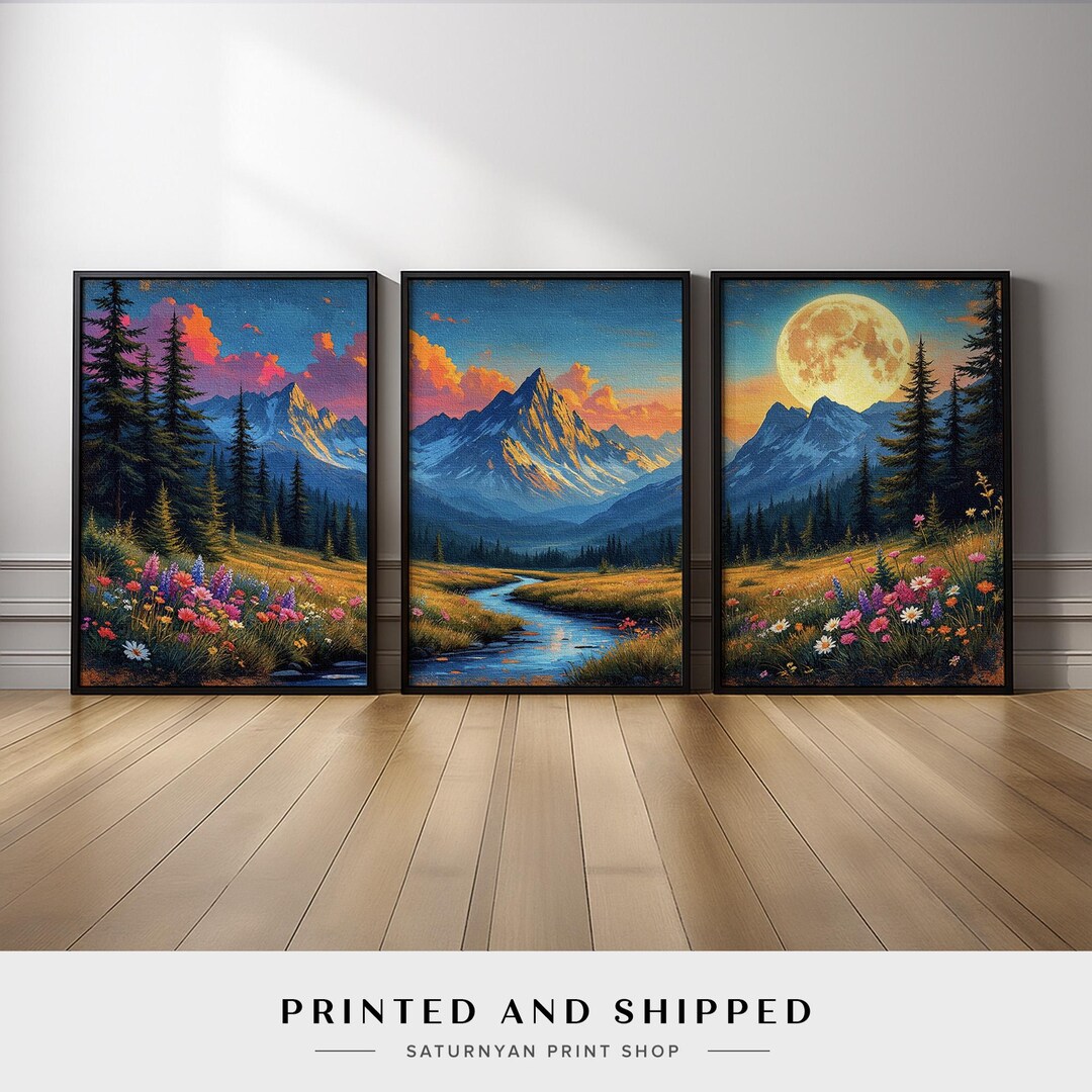 Mountain Landscape Wall Art Set of 3 | Colorful Alpine Meadow, River ...