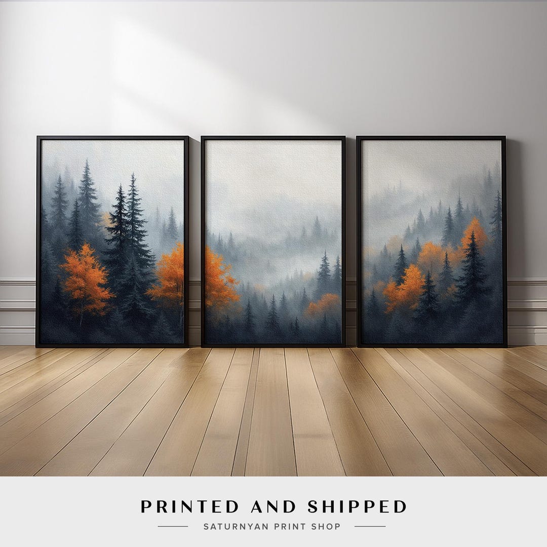 Mountain Forest Wall Art Set | Misty Autumn Landscape Triptych in Gray ...