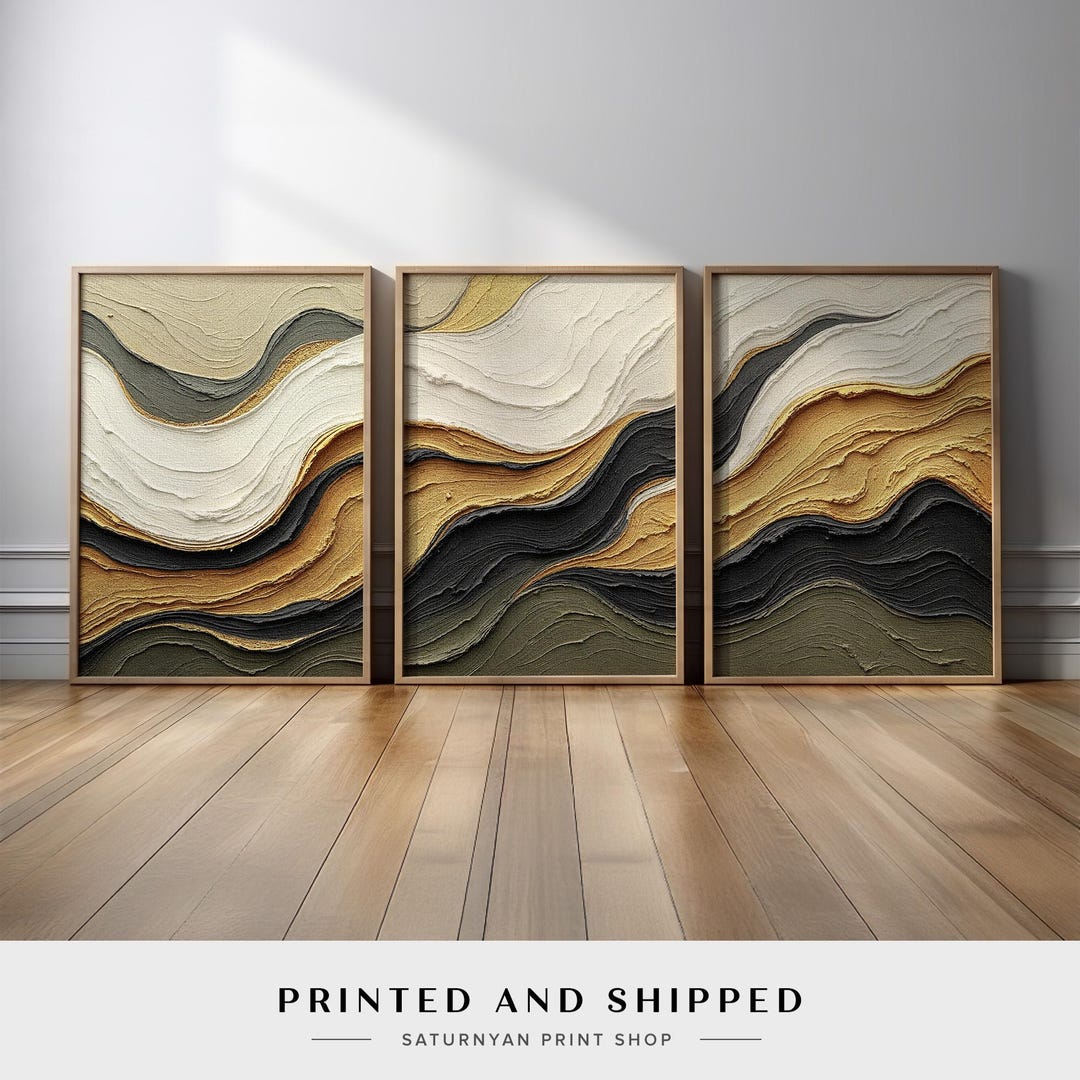Gold Black and Sage Green Wave Abstract Wall Art Set of 3 | Neutral ...