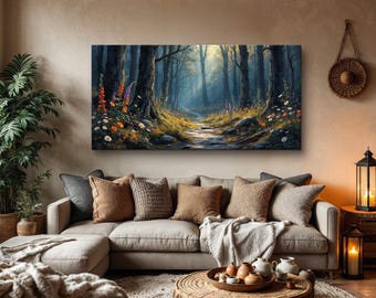 Enchanted Woodland Trail Wall Art, Forest Pathway with Wildflowers Painting, Sunlit Landscape Canvas Print, Tranquil Nature Scene Artwork