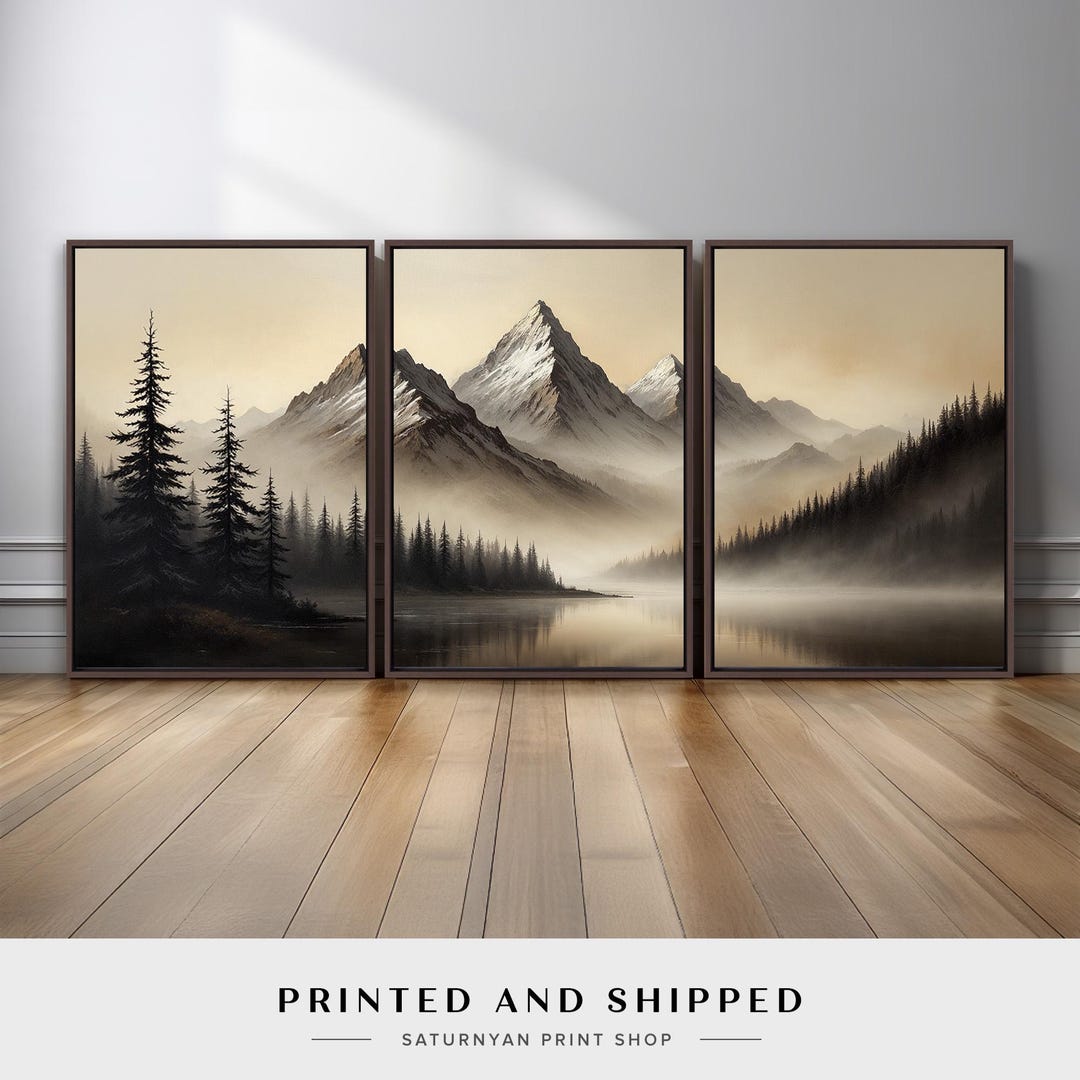 Mountain Landscape Wall Art Set of 3 | Misty Forest Lake Canvas Prints ...