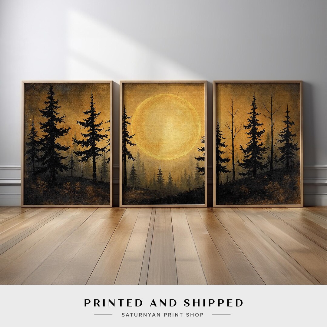 Forest Moonlight Wall Art Set of 3 | Golden Full Moon and Pine Tree ...
