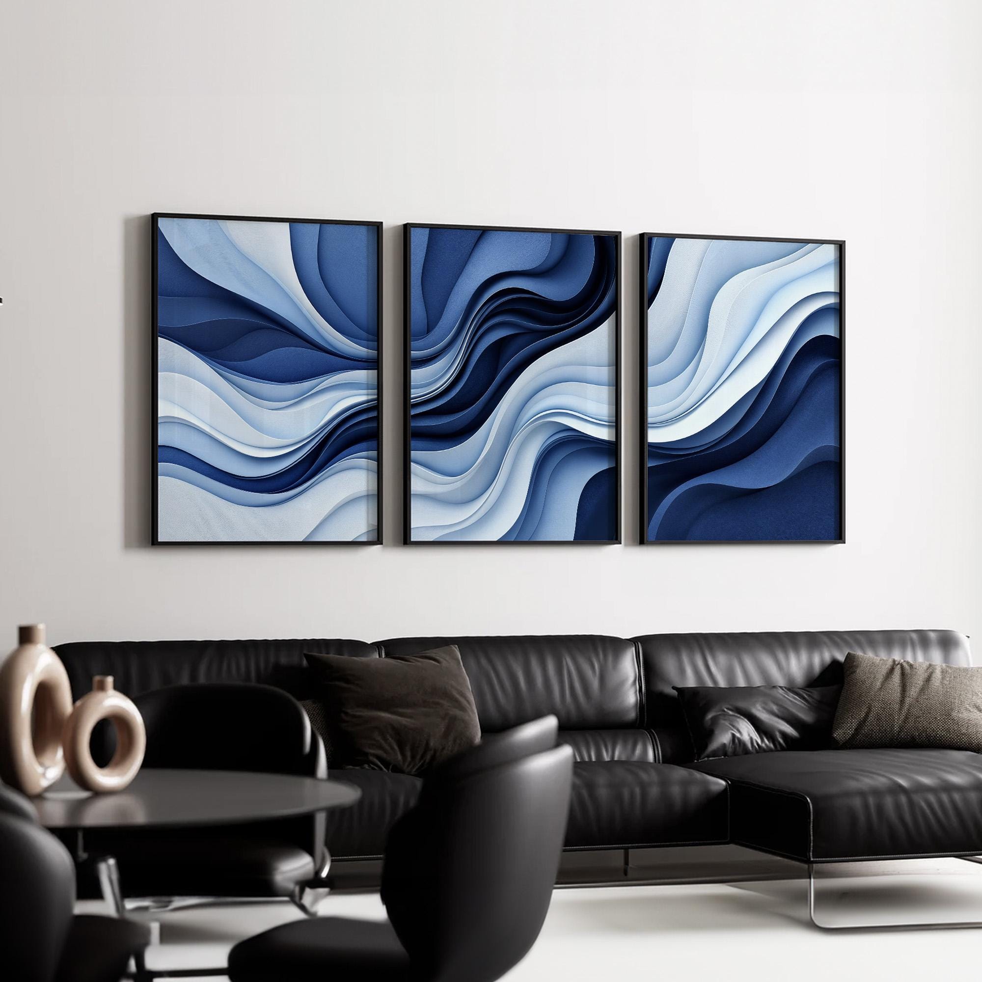 Abstract Ocean Wave Wall Art Set of 3 | Navy Blue White Canvas Prints ...