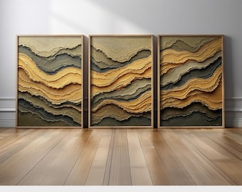 Golden Earth Layer Abstract Triptych | Neutral Canvas Prints Wall Art in Olive, Mustard, and Charcoal | Geology-Inspired Modern Wall Art