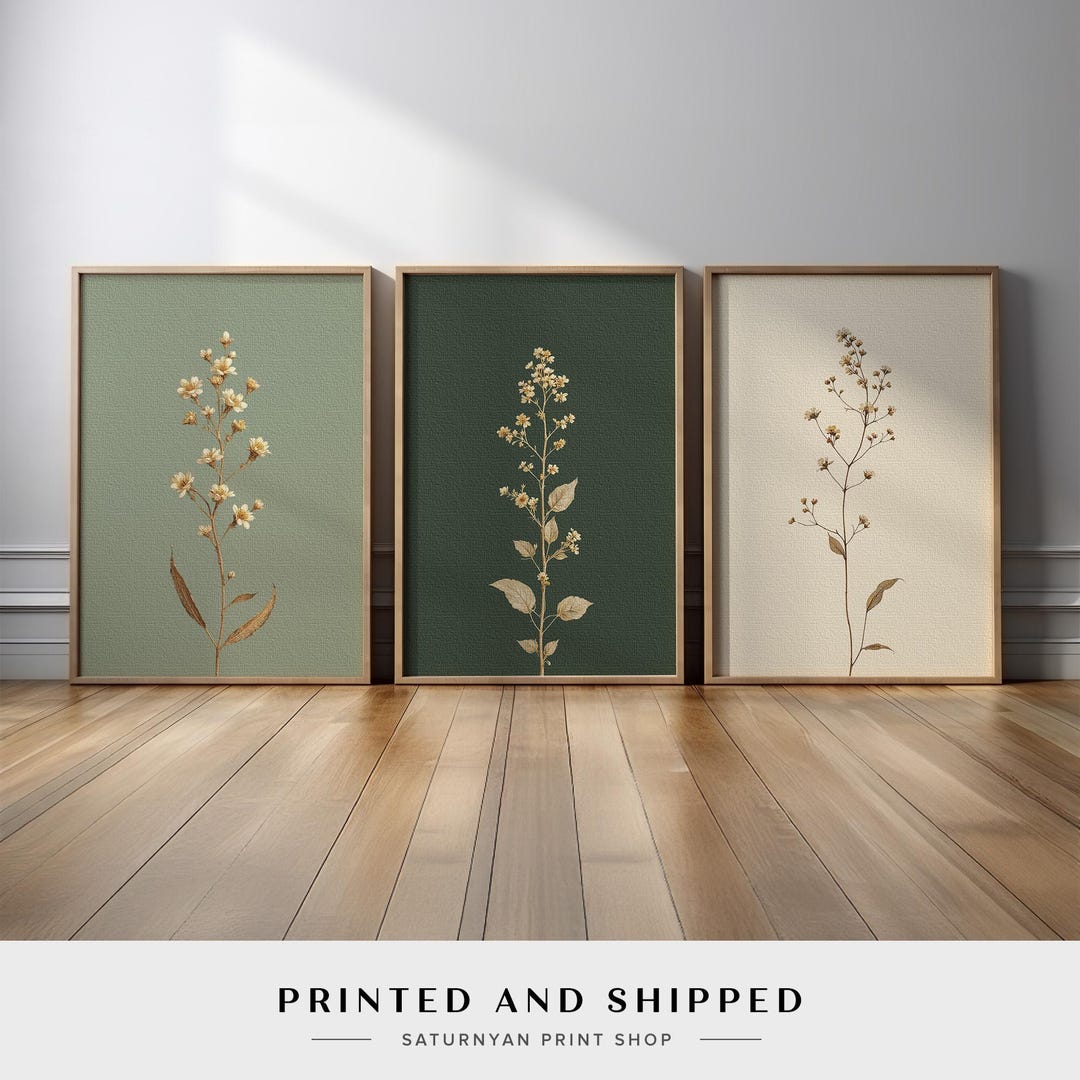 Minimalist Neutral Botanical Wall Art Set of 3 | Sage Green Floral ...